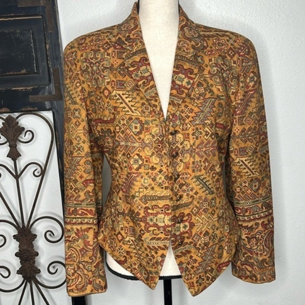 Ellen Tracy Multicolor Patterned Blazer - Mustard, Red, Green Accents